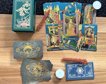 Green Gold Tarot Cards Deck in a Box with Guide Book •  Divination Cards • Gift For Her • Waterproof Card Game Set  • Tarot Deck Readings