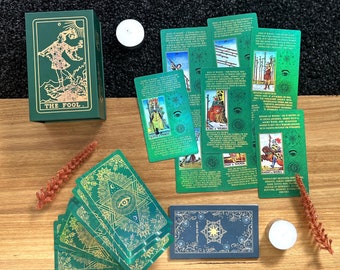 Green Gold Tarot Cards Deck in a Box with Guide Book •  Divination Cards • Gift For Her • Waterproof Card Game Set  • Tarot Deck Cheat Sheet