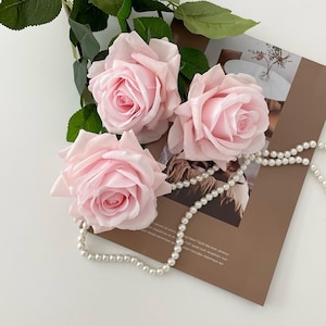 May include: Three pale pink roses with green leaves are arranged on a brown magazine. A white pearl necklace is draped across the magazine. The roses are in full bloom, with soft, layered petals.