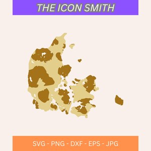 May include: A digital graphic of the country of Denmark in tan and brown, with the text "THE ICON SMITH" in purple at the top. The bottom of the image has the text "SVG - PNG - DXF - EPS - JPG" in orange.