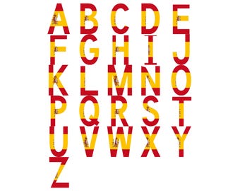 Spain Flag Font Alphabet, Clipart Letters, Otf Svg Png Dxf Eps Digital Download For Crafting