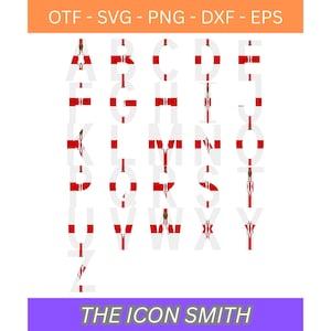 Puede incluir: Un alfabeto completo en diseño blanco y rojo, con el texto "OTF - SVG - PNG - DXF - EPS" en la parte superior y "THE ICON SMITH" en la inferior. Las letras están estilizadas y son adecuadas para proyectos de diseño digital.