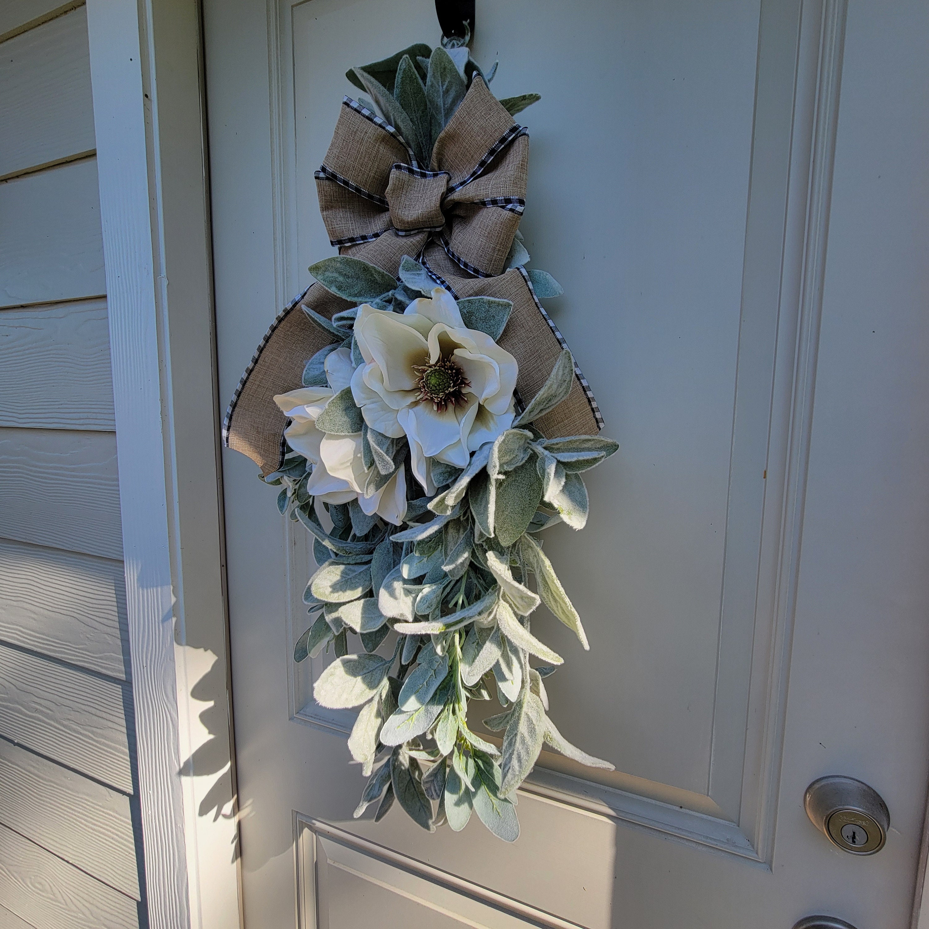 Lambs Ear Farmhouse Teardrop Swag Wreath For Front Door, Wall, Sprng