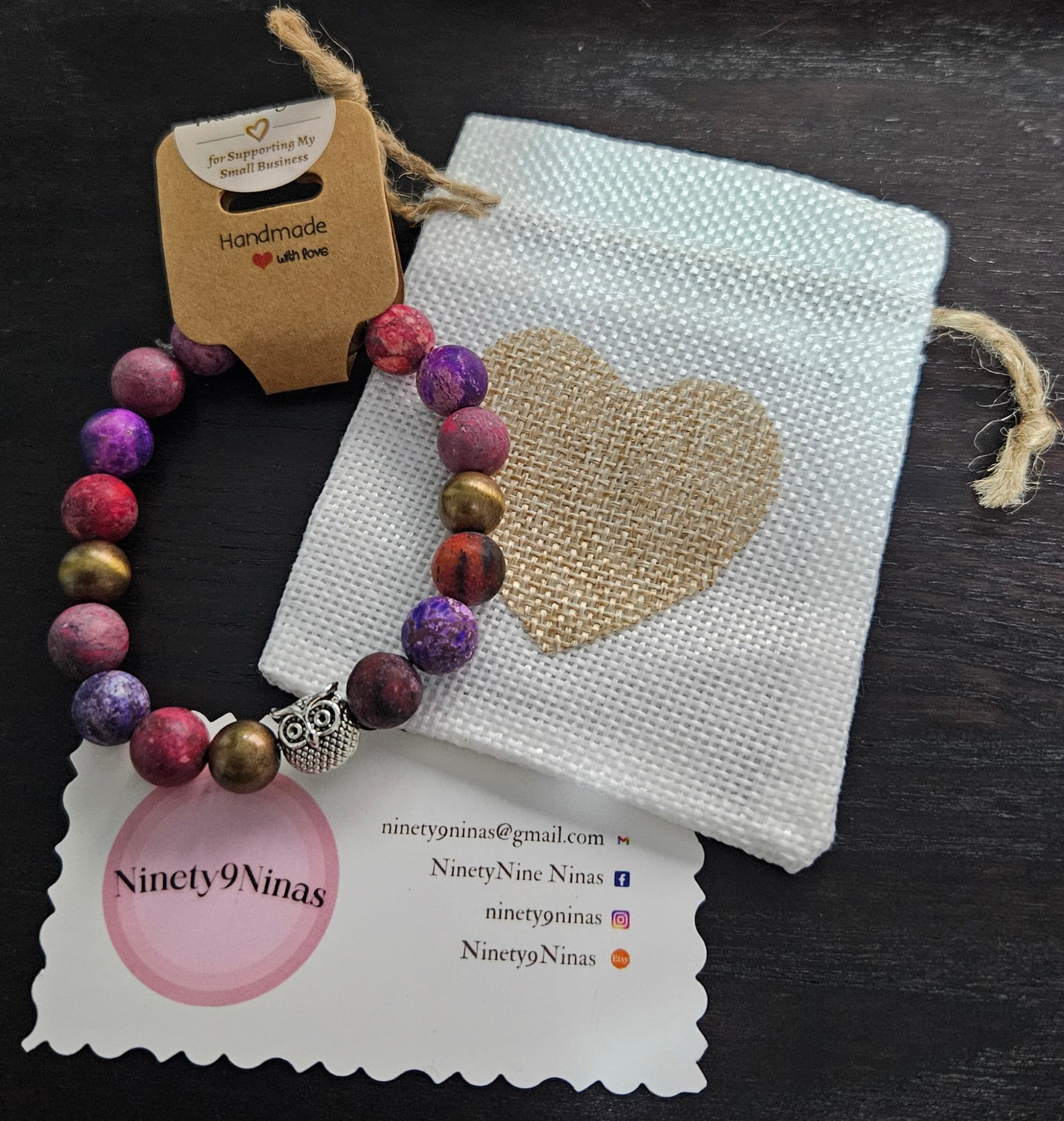 Violet Owl - handmade, 10mm Beads, owl charm, 20cm circumference, gift, exquisite pink and purple cr