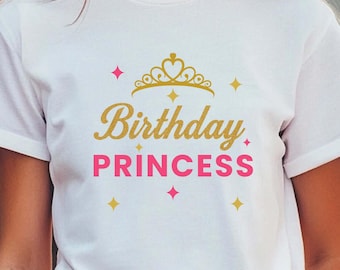 Birthday Princess PNG, Princess Birthday Party Sublimation File, Pink and Gold Crown Glitter Clipart for Shirts, Mugs and Party Décor