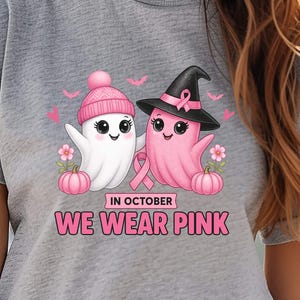 In October We Wear Pink Ghosts – Breast Cancer Awareness Halloween PNG SVG, Pink Ribbon Sublimation, Cute Spooky Fall Clipart