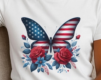 Patriotic Butterfly Shirt, American Flag Butterfly Tee,  Red White Blue Top