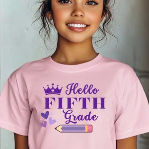 Hello Fifth Grade Youth Shirt, First Day of School Shirt for Girls, Back to School Outfit, 5th Grade Tee, Crown and Pencil Design