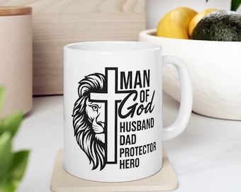 Man of God Mug, Christian Coffee Cup, Lion and Cross Design