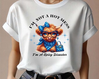 Spicy Disaster Highland Cow PNG: Girl Cow with Glasses, Bow & Purse (Digital Download)