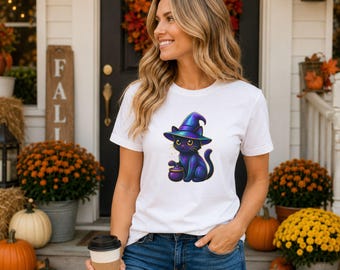 T-shirt Witchy Black Cat, Halloween Galaxy Cat Graphic T-shirt, Spooky Witch Cat-shirt voor volwassenen, Magical Black Cat Lover-cadeau-T-shirt