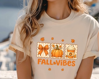Camiseta Bella Canvas con estampado de otoño y estampado de café con especias de calabaza.