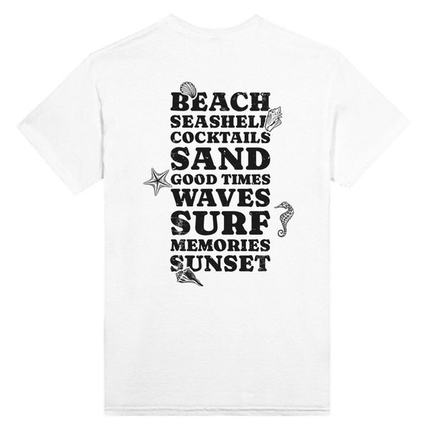 T-shirt beach seashell cocktails sand good times waves surf memories sunset spring summer sea typography skate friends illustration bardot