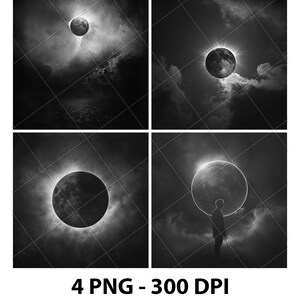 Puede incluir: Cuatro imágenes en blanco y negro de un eclipse solar. La primera imagen muestra el eclipse en el cielo con nubes. La segunda imagen muestra el eclipse en el cielo con nubes y una persona de pie en primer plano. La tercera imagen muestra un primer plano del eclipse. La cuarta imagen muestra el eclipse en el cielo con nubes.