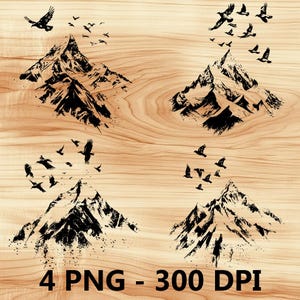 Pájaros en la cima del Monte Everest, archivo láser, grabado en madera, PNG, corte de cocina, tabla de cortar, diseño de tablón, posavasos, grabado, Xtool, Glowforge, LightBurn, CO2