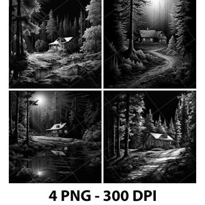 Log Cabin Woods Forest House Tree Laser Engraving File Slate PNG Coaster Xtool Wood Black White Grayscale Cnc Glowforge LightBurn CO2 Diode