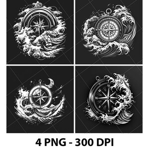 May include: Four black and white illustrations of a compass surrounded by stylized waves. The compass is a nautical symbol of direction and guidance.