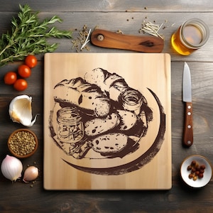 Archivo PNG de pan para aperitivos, grabado láser, bandeja de madera, tabla de embutidos, tabla para quemar, posavasos, grabado Xtool, CNC, Glowforge, LightBurn, diodo de CO2