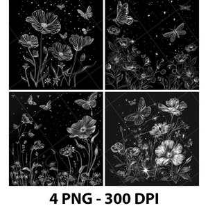 Flowers Garden Night Fireflies Laser Engraving File Slate PNG Coaster Xtool Wood Black White Grayscale Cnc Glowforge LightBurn CO2 Diode 3D
