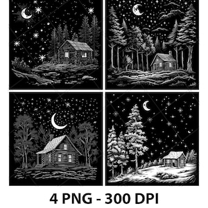 Log Cabin Woods Forest House Tree Laser Engraving File Slate PNG Coaster Xtool Wood Black White Grayscale Cnc Glowforge LightBurn CO2 Diode