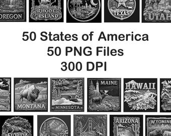 50 States of America US States Slate Engraving File Laser Engraved PNG Design Pattern 2026 Trending Gift Personalized Wood Etched Stone Art