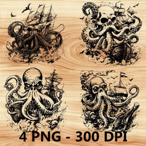 Pulpo gigante marino Kraken Archivo láser Grabado en madera PNG Tabla de cortar para cocina Patrón de tablón Posavasos Xtool Glowforge LightBurn CO2 2D