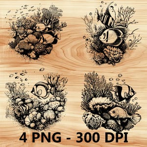 Vida marina Peces Arrecifes de coral Mar profundo Archivo láser Grabado en madera PNG Corte de cocina Tabla de cortar Patrón de tablón Posavasos Xtool Glowforge LightBurn