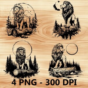 Bosque salvaje León Montaña Animal Archivo láser Grabado en madera PNG Cocina Corte Tabla de cortar Tablón Patrón Posavasos Xtool Glowforge LightBurn CO2 2D