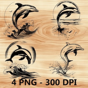 Salto de delfín Atardecer Mar Océano Archivo láser Grabado en madera PNG Tabla de cortar para cocina Patrón de tablón Posavasos Xtool Glowforge LightBurn CO2 2D