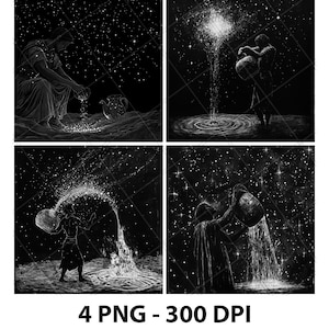 Verseau signe du zodiaque constellation fichier de gravure laser ardoise PNG sous-verre Xtool bois noir blanc Cnc Glowforge Lightburn en niveaux de gris