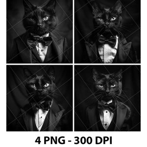 May include: A monochrome image showing four portraits of a black cat in a tuxedo and bow tie. The cat has a stern expression. The image is split into four sections. The text at the bottom reads "4 PNG - 300 DPI".