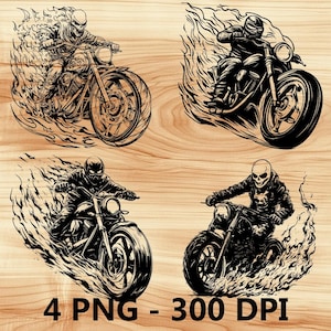 Motociclista fantasma, motocicleta, fuego, archivo láser, grabado en madera, PNG, corte de cocina, tabla de cortar, diseño de tablón, posavasos, grabado, Xtool, Glowforge, LightBurn