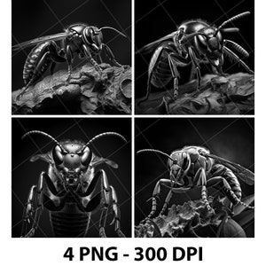 May include: Four black and white close-up photographs of a wasp with a shiny, smooth exoskeleton. The wasp is perched on a rough, textured surface.