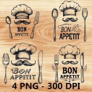 Gorro de chef "Buen provecho", gorro de chef, archivo láser, grabado en madera, PNG, corte de cocina, tabla de cortar, diseño de tablón, posavasos, grabado, Xtool, Glowforge, LightBurn, CO2