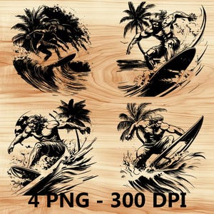 Ola Surfista Surf Verano Mar Archivo Láser Grabado en Madera PNG Corte de Cocina Tabla de Cortar Diseño de Tablón Posavasos Grabado Xtool Glowforge LightBurn CO2