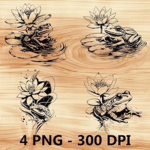 Estanque de ranas Sapo Lago Lirio Rana toro Archivo láser Grabado en madera PNG Tabla de cortar para cocina Patrón de tablón Posavasos Xtool Glowforge LightBurn Diodo