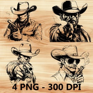 Pistola de vaquero, revólver, hombre, archivo láser, grabado en madera, PNG, corte de cocina, tabla de cortar, diseño de tablón, posavasos, grabado, Xtool, Glowforge, LightBurn, CO2