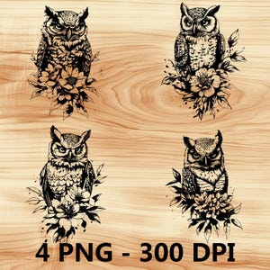 Búho nocturno Pájaro pequeño Animal del bosque Archivo láser Grabado en madera PNG Tabla de cortar para cocina Patrón de tablón Posavasos Xtool Glowforge LightBurn