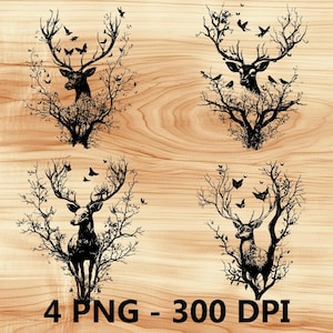 Bosque Ciervo Alce Antílope Cornamenta Archivo láser Grabado en madera PNG Tabla de cortar para cocina Patrón de tablón Posavasos Xtool Glowforge LightBurn