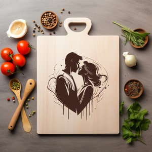 Pareja de enamorados besándose Archivo PNG láser Grabado de madera Tabla Bandeja Embutidos Tablón Quemar Posavasos Grabado Xtool Negro Blanco CNC, Glowforge, LightBurn, CO2