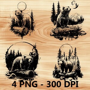 Bosque salvaje Oso Montaña Animal Archivo láser Grabado en madera PNG Cocina Corte Tabla de cortar Tablón Patrón Posavasos Xtool Glowforge LightBurn CO2 2D