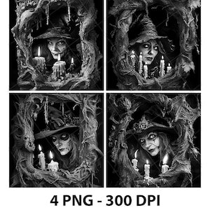 Gruselige Mistress Halloween Hexe Laser Gravierdatei Schiefer PNG Untersetzer Xtool Holz Schwarz Weiß Graustufen Cnc Glowforge LightBurn CO2 Thyre 3D