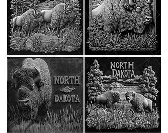 North Dakota US State Badland Bison Slate Engraving File Laser Engraved PNG Design Pattern 2026 Trending Gift Personalized Wood Etched Stone