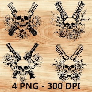Logotipo de calavera de Guns Roses, revólver, archivo láser, grabado en madera, PNG, corte de cocina, tabla de cortar, diseño de tablón, posavasos, grabado, Xtool, Glowforge, LightBurn, CO2
