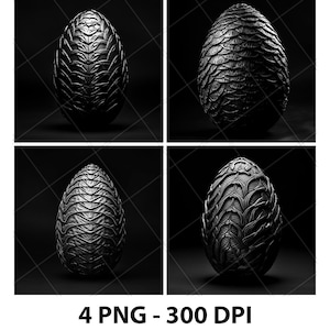 May include: Four black and white images of a dragon egg with a textured surface. The egg is a 3D rendering and appears to be made of stone.