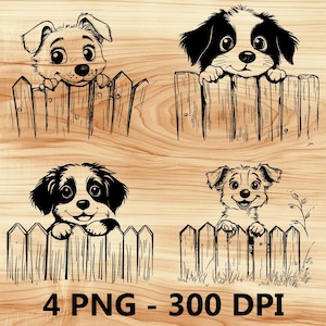 Perro asomando, cachorro, cerca, mascota, archivo láser, grabado en madera, PNG, corte de cocina, tabla de cortar, diseño de tablón, posavasos, grabado, Xtool, Glowforge, LightBurn, CO2