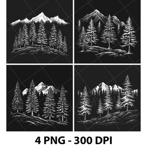 Pini Montagna Foresta Parco Laser PNG File Ardesia Incisione Sottobicchiere Etch Xtool Legno bruciato Nero Bianco Cnc,Glowforge,LightBurn,CO2 Diodo 3D
