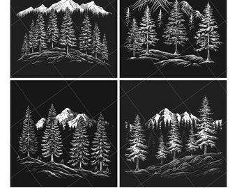 Pine Trees Mountain Forest Park Laser PNG File Slate Engraving Coaster Etch Xtool Wood burn Black White Cnc,Glowforge,LightBurn,CO2 Diode 3D