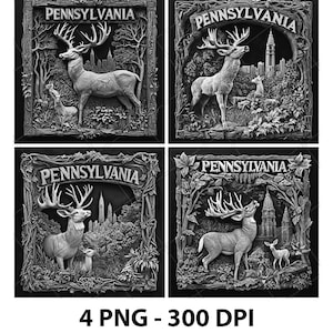 Pennsylvania US State Deer Buck Laser Engraving File Slate PNG Coaster Xtool Wood Black White Grayscale Cnc Glowforge LightBurn CO2 Diode