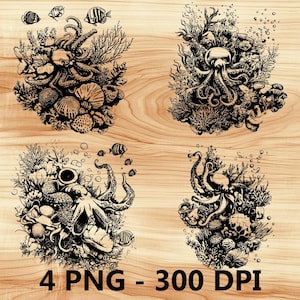 Animales marinos Criaturas de las profundidades marinas Archivo láser Grabado en madera PNG Corte de cocina Tabla de cortar Patrón de tablón Posavasos Xtool Glowforge LightBurn